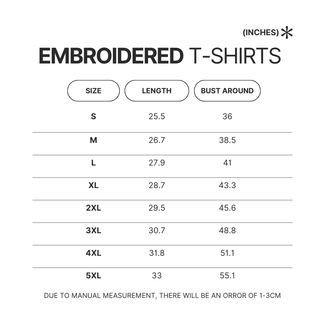 Embroidered T shirt Size Chart - Genshin Merch